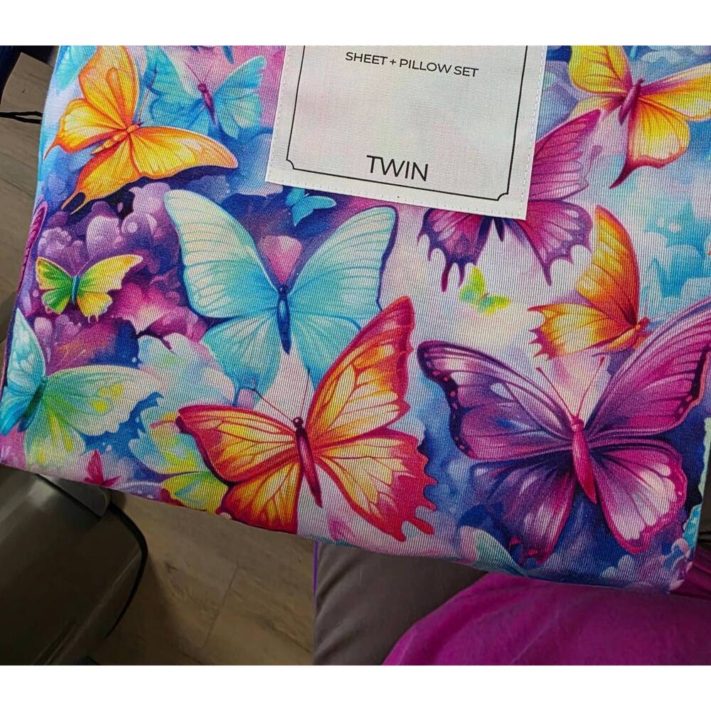 NEW CHARLIES PROJECT girl's colorful butterflies bamboo twin sheet set in purple
